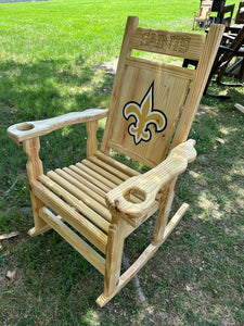 Custom carved drizzy Saints rocking chair