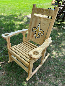 Custom carved drizzy Saints rocking chair