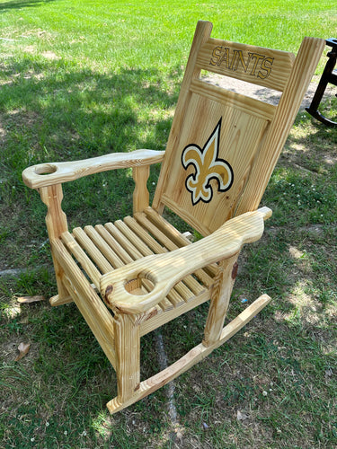 Custom carved drizzy Saints rocking chair